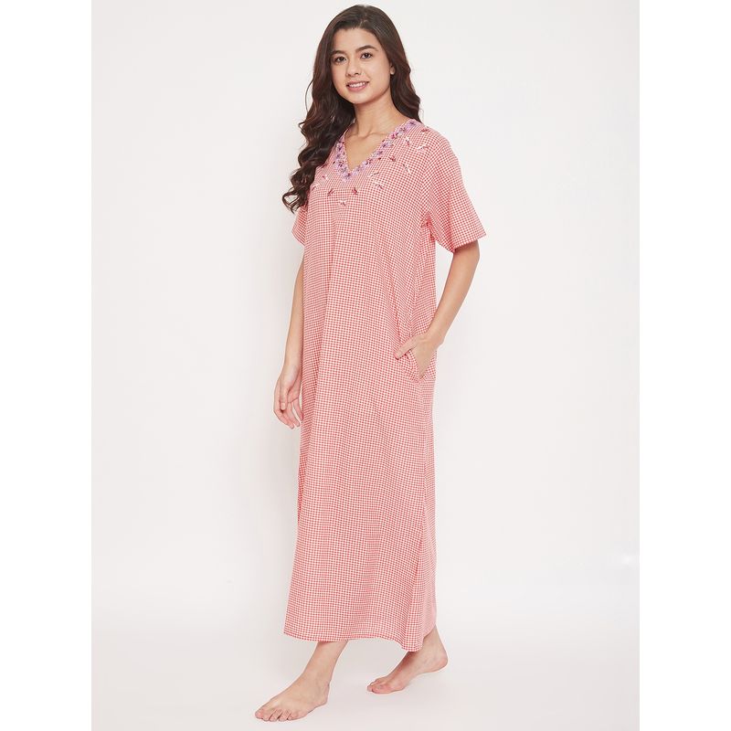 The Kaftan Company Checks Cotton Maxi Nightdress With Floral Embroidered V-neckline - Red (S)