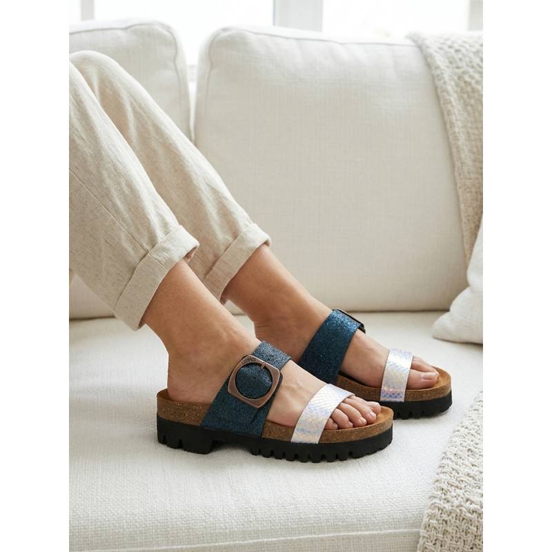 Carlton London Women's Mixed Strap Slide Multi-Color Sandals (EURO 37)