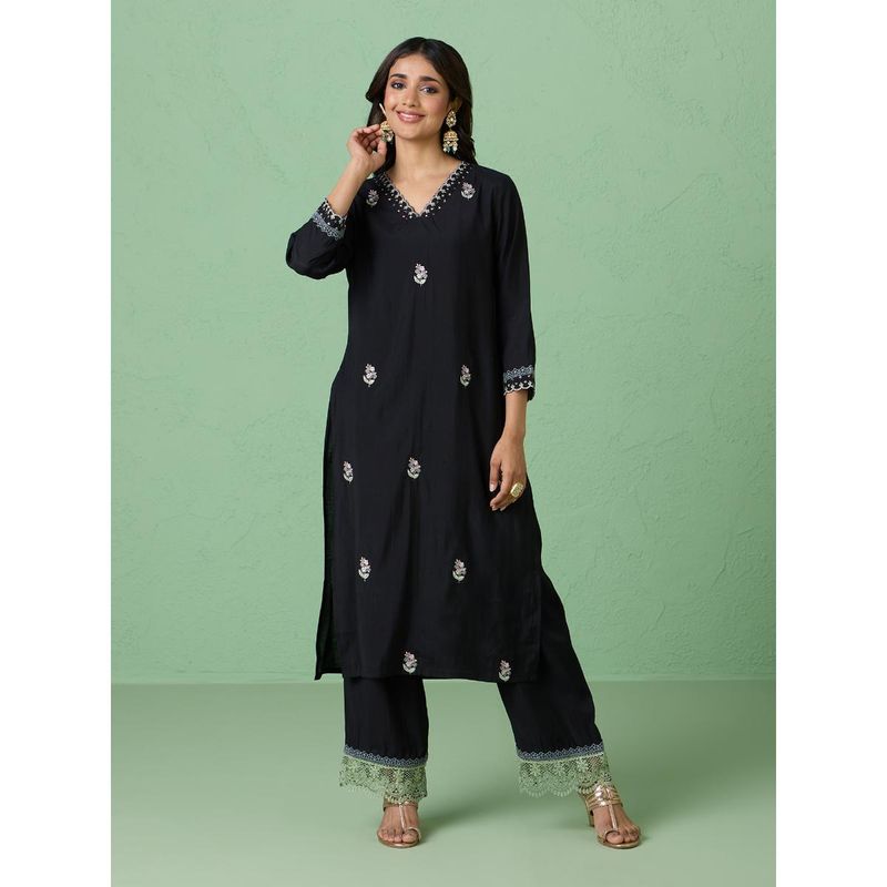 Likha Black Straight Embroidered Kurta and Pant with Lace Detailing LIKMAKS46 (S)