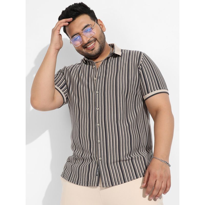 Instafab Plus Men's Light Grey & Beige Contrast Knitted Shirt (5XL)