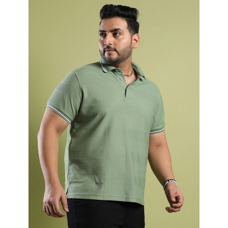 Instafab Plus Men's Olive Green Self-Design Horizontal Striped Polo T-Shirt (6XL)