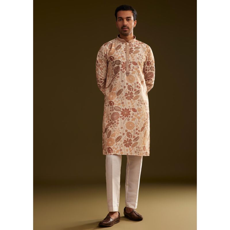 KALKI FASHION Cream Brown Silk Floral Printed Kurta with Pant (Set of 2) (XL)