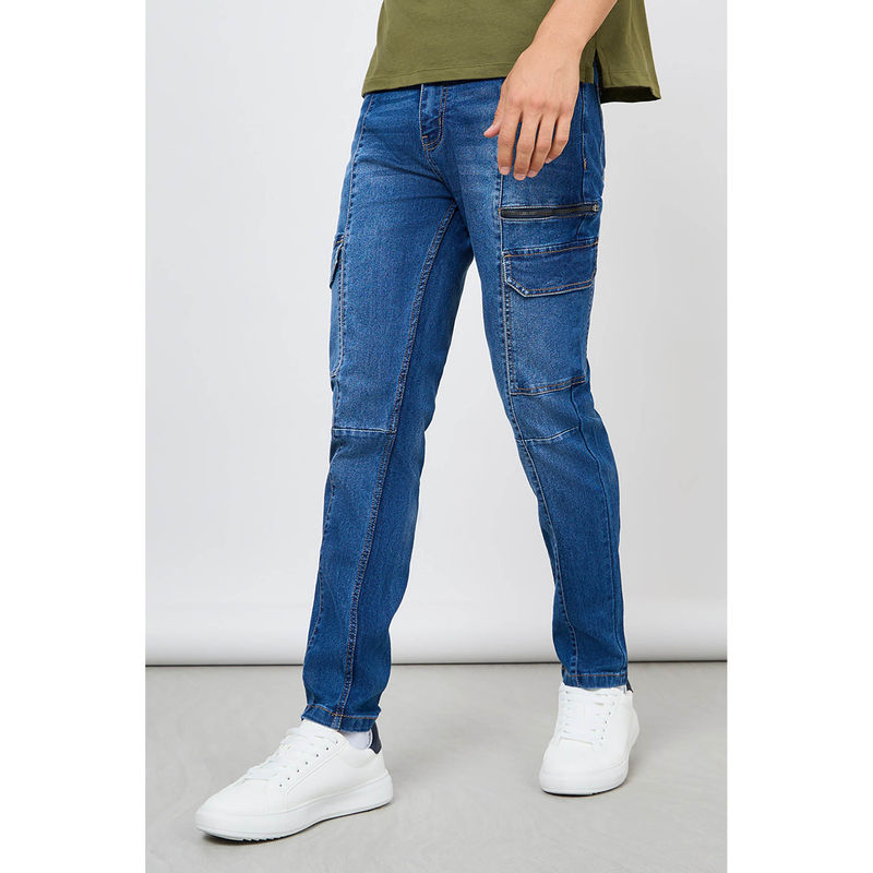 Styli Slim Fit Cargo Jeans with Panel Detail Navy Blue (32)