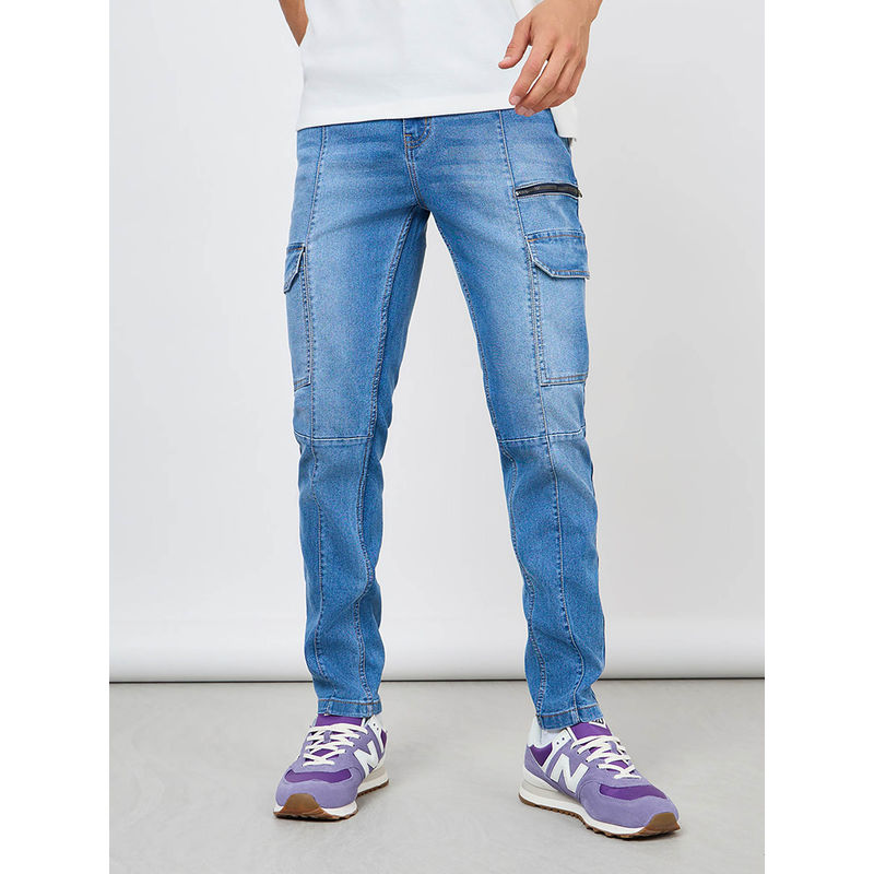 Styli Slim Fit Cargo Jeans with Panel Detail Blue (32)