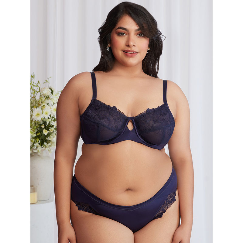 Nykd by Nykaa Floral Mesh Underwired Non-Padded Lace Bra - NYB221 Navy Blue (40DD)
