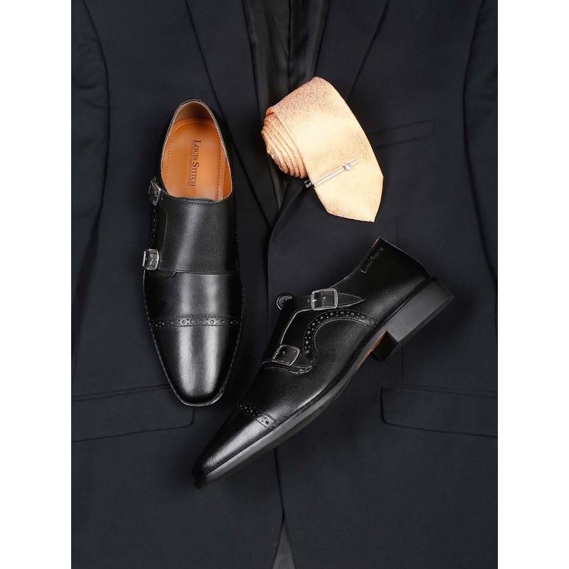 Louis Stitch Black Handmade Italian Leather Monk Straps Formal Shoes for Men (UK 10)
