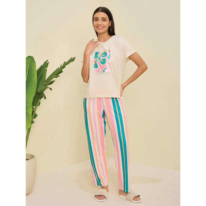 Sweet Dreams Women Cream Printed Top and Pyjama (Set of 2) (5XL)