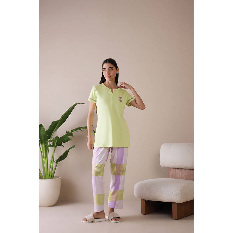Sweet Dreams Women Yellow Solid Top and Printed Pyjama (Set of 2) (S)