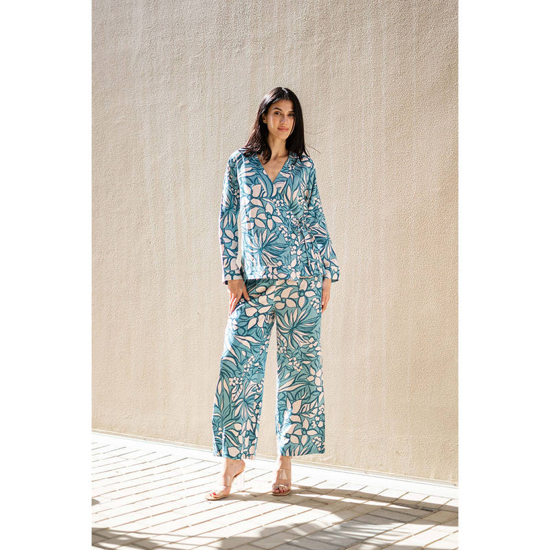 SANSKRUTIHOMES Women Blue Printed Night Suit (Set of 2) (M)