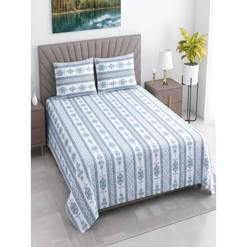 Threadwear Ethnic 400TC Cotton Blue Flat Bedsheet With 2 Pillow Covers (Queen)