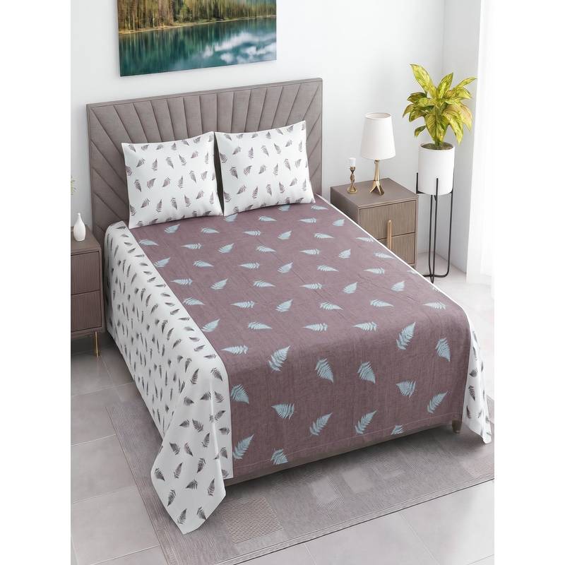 Threadwear Floral 400TC Cotton Burgundy Flat Bedsheet With 2 Pillow Covers (Queen)