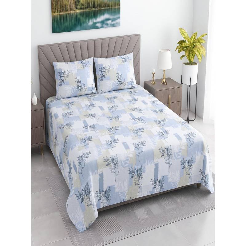 Threadwear Floral 400TC Cotton Blue Flat Bedsheet With 2 Pillow Covers (Queen)