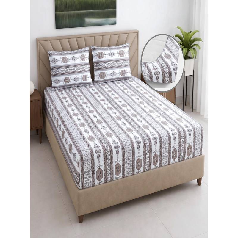 Threadwear Ethnic 400TC Cotton Brown Fitted Bedsheet With 2 Pillow Covers (Queen)