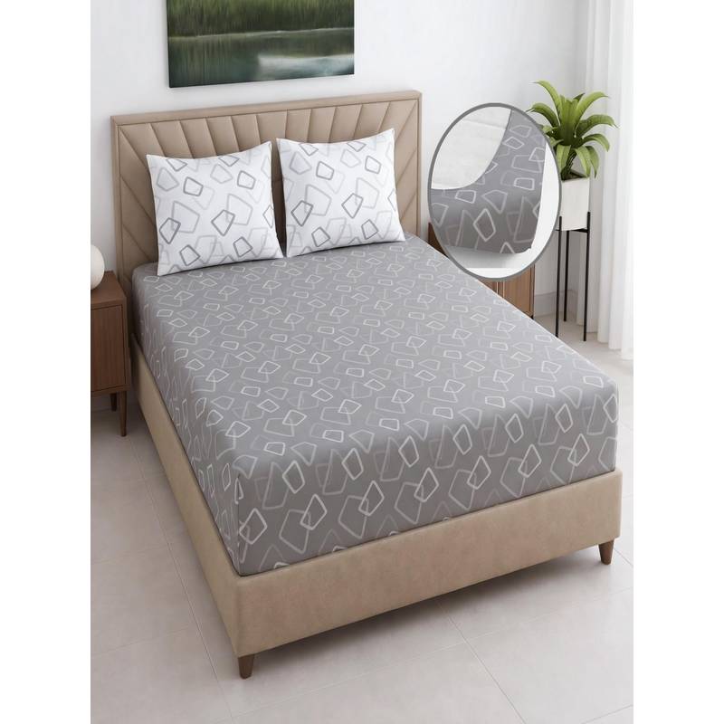Threadwear Geometric 400TC Cotton Grey Fitted Bedsheet With 2 Pillow Covers (Super King)