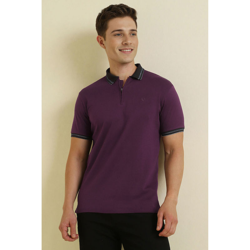 Allen Solly Men Purple Textured Polo Neck T-Shirt (S)