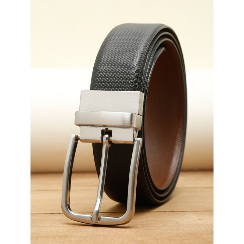 Teakwood Men Black Textured Genuine Leather Reversible Belt (34)
