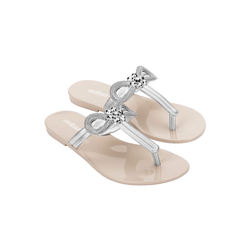 Melissa Harmonic T Bar Gleam Iv A Silver and Beige Solid Flats (UK 4)