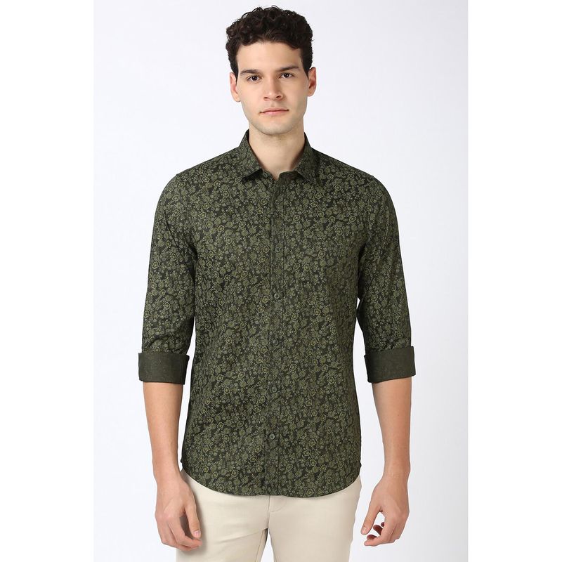 Peter England Men Olive Slim Fit Floral Print Shirt (39)
