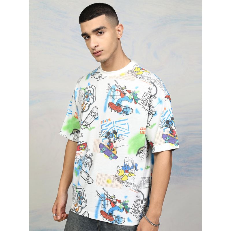 HIGHLANDER Mickey Mouse Men Printed Round Neck Drop Shoulder Oversized Tshirt (L)
