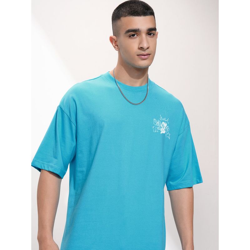HIGHLANDER Men Turquoise Round Neck Half Sleeve Oversized T Shirt (L)