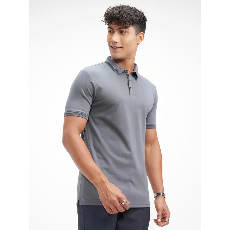 HIGHLANDER Grey Polo Collar Relaxed Fit Polo T-shirt (M)