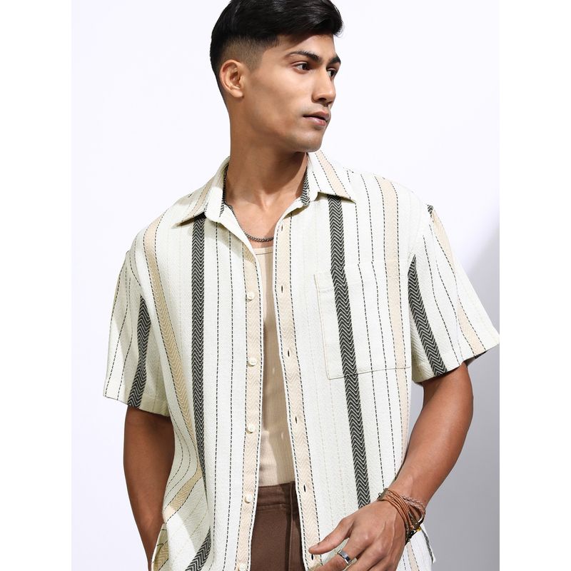 LOCOMOTIVE Men Multi-Color Dobby Textured Striped Oversized Shirt (XL)