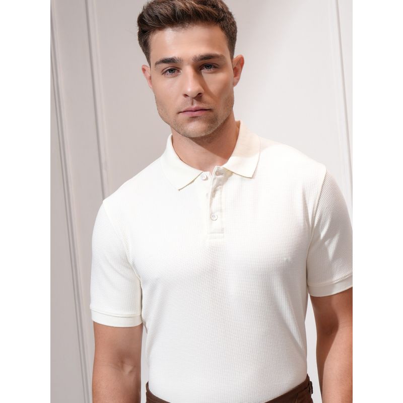 LOCOMOTIVE Premium Men Cream Knitted Polo Collar Slim Fit Polo T-Shirt (L)