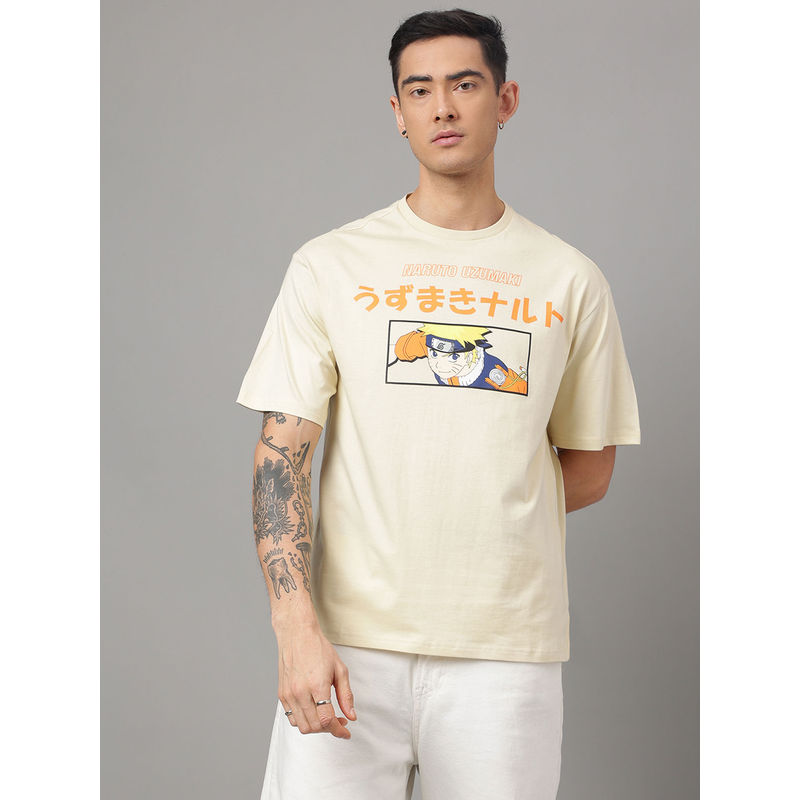 Free Authority Naruto Printed Beige T-Shirt for Men (M)