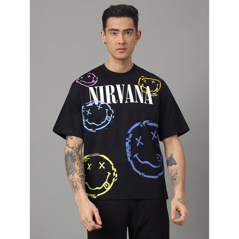 Free Authority Nirvana Printed Black T-Shirt for Men (L)