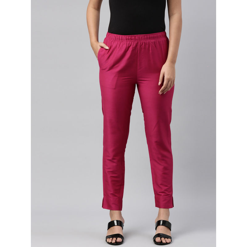 Buy Go Colors Women Dark Rose Solid Mid Rise Metallic Pants - Pink Online