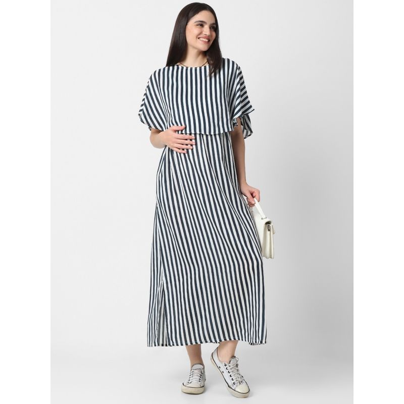 Mystere Paris Navy Blue and White Striped Maternity Dress (2XL)