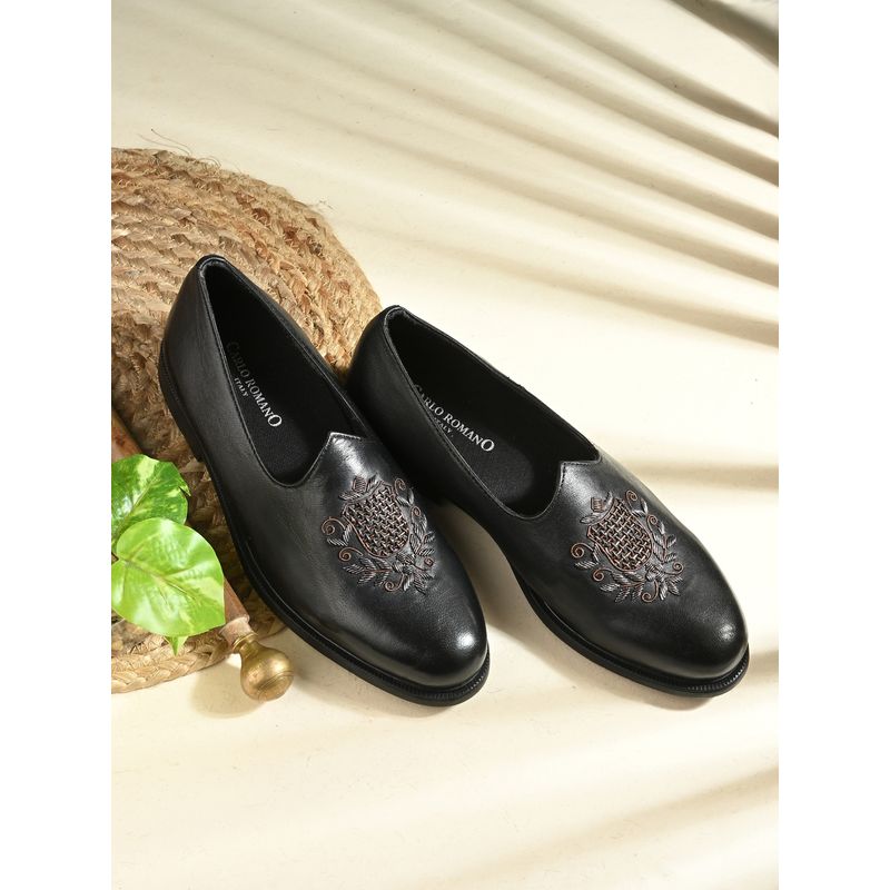CARLO ROMANO Genuine Leather Embroidery Black Loafers for Men (UK 6)