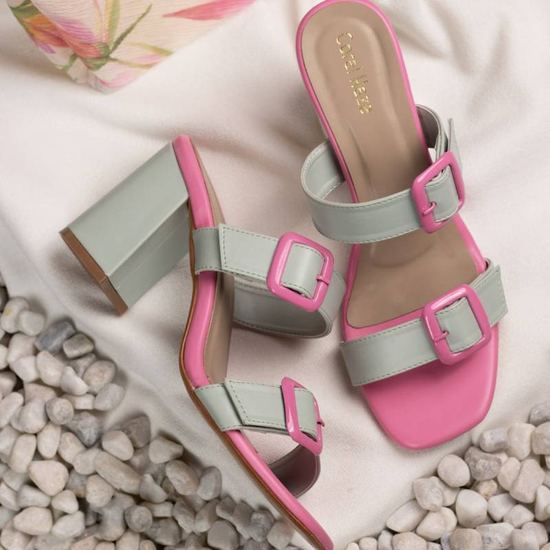 Coral Haze Pop Grey and Pink Block Heels for Women (UK 2)