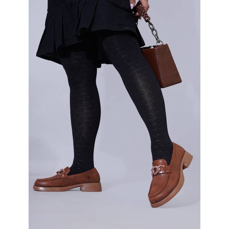 Sherrif Shoes Women Suede with Chain Detail Tan Slip-On Loafers (EURO 35)