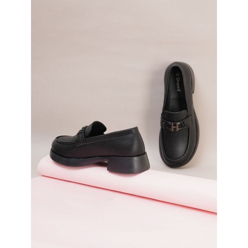 Sherrif Shoes Women Black Textured Block Heel Loafers (EURO 35)