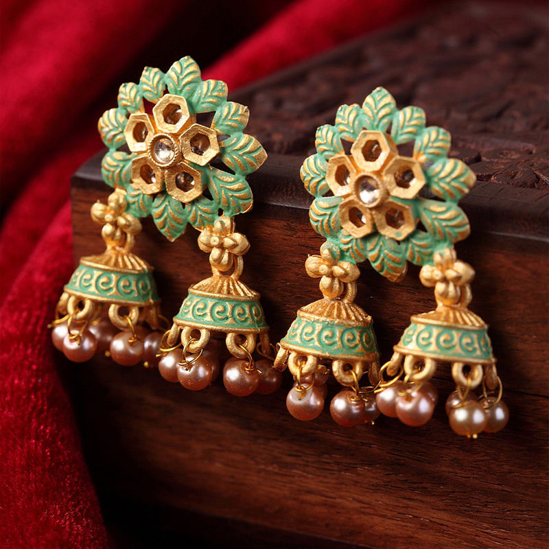 Buy PANASH Goldplated & Sea Green Floral Jhumkas Online