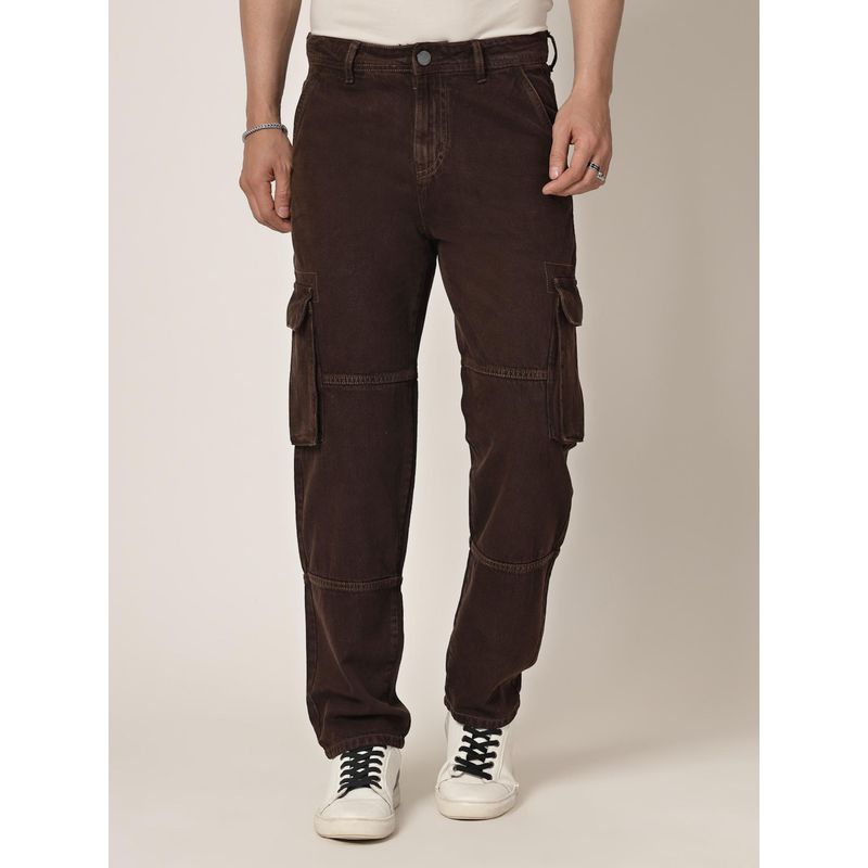 Style Quotient Men Brown Relaxed Fit Mid Rise Cargo Jeans (32)