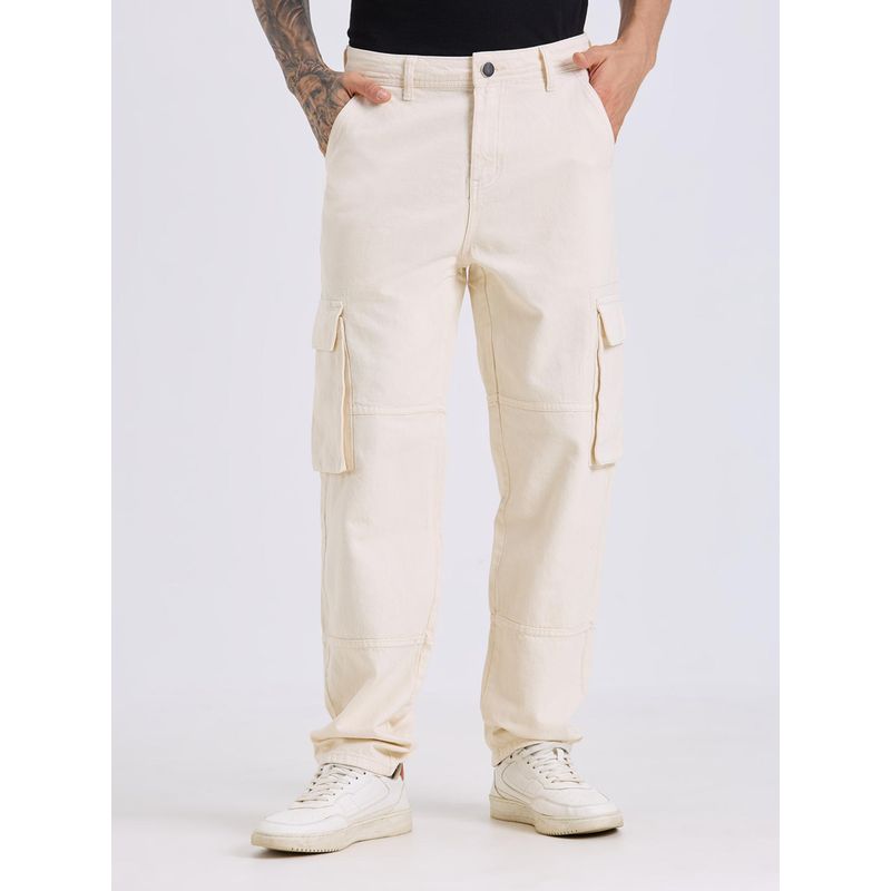 Style Quotient Men Off White Relaxed Fit Mid Rise Cargo Jeans (28)