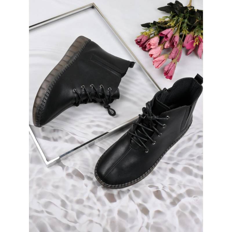 Jove Women Black Solid Ankle Length Boots (EURO 36)
