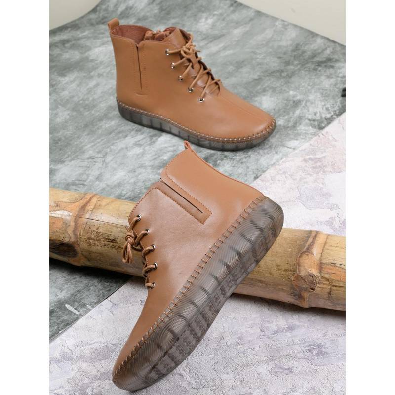 Jove Women Camel Solid Ankle Length Boots (EURO 36)