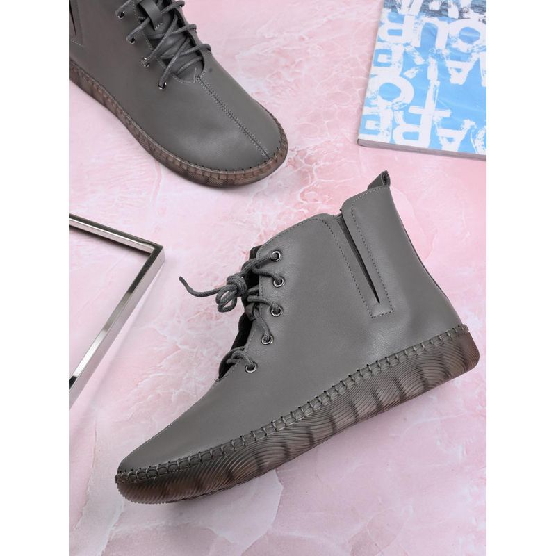 Jove Women Grey Solid Ankle Length Boots (EURO 36)