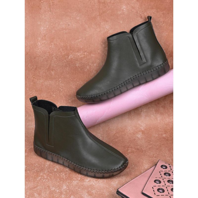 Jove Women Green Solid Ankle Length Boots (EURO 36)