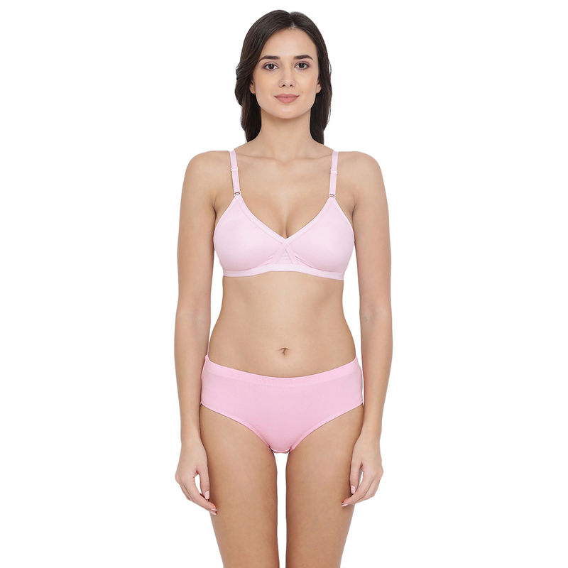 Clovia Cotton Rich T shirt Bra Cross-Over Moulded Cups & Mid Waist Hipster Panty - Pink (40B)