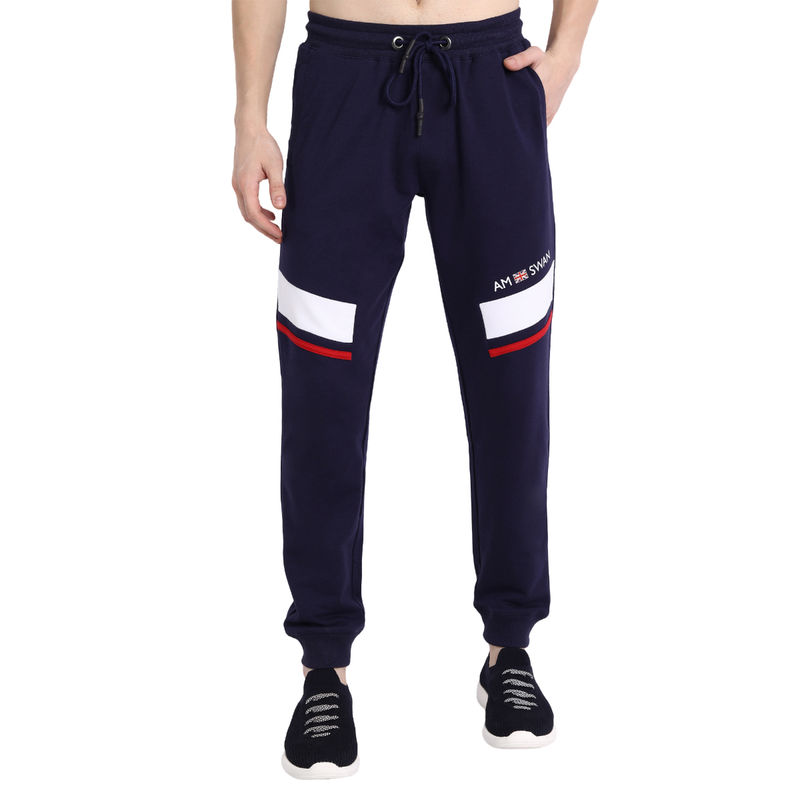 AM SWAN Cotton Rich Lycra with Contrast Pannel Colorblock Joggers In Navy Blue (30)