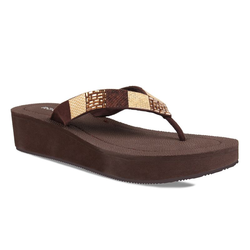 ROCIA By Regal Women Solids Brown Thong Strap Wedge With Stone Work (EURO 37)