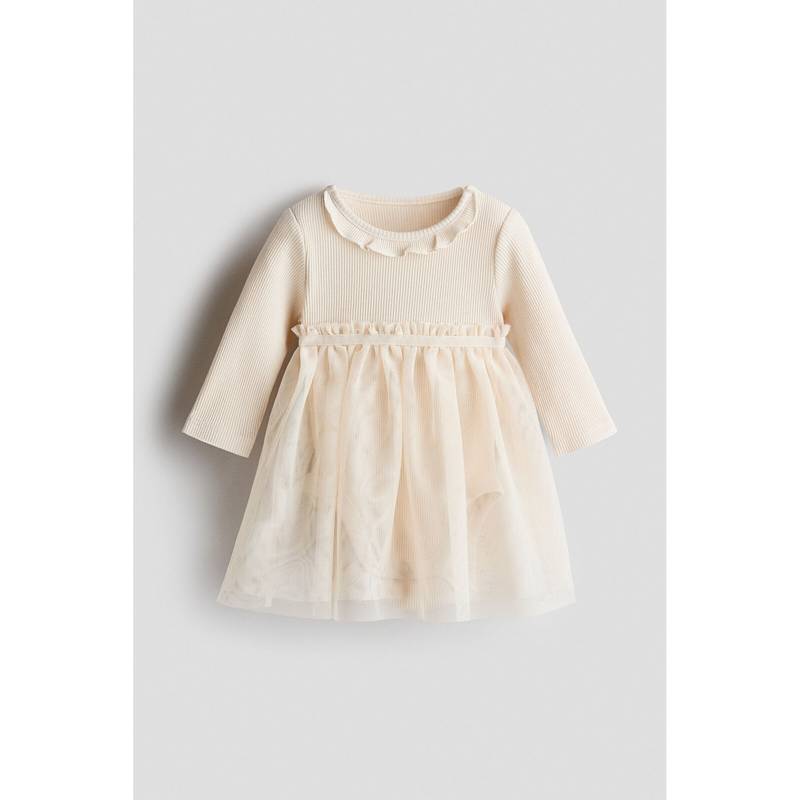 H&M Girls Beige Tulle-Skirt Bodysuit Dress (0-1 Months)