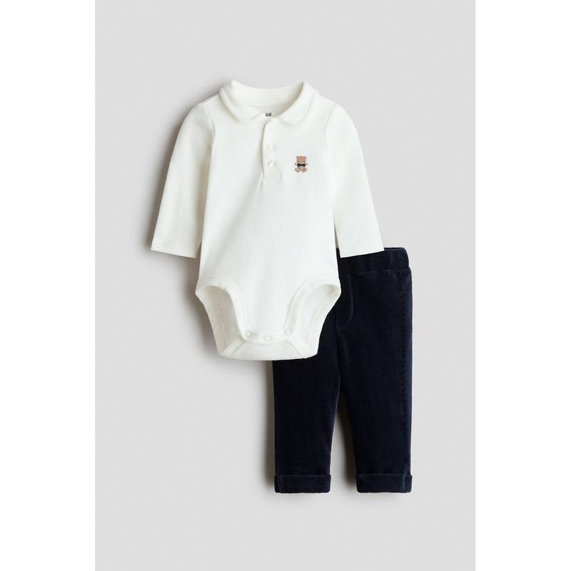 H&M Boys White 2-Piece Embroidered-Motif Set (0-1 Months)