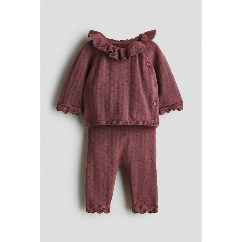 H&M Girls Maroon 2-Piece Pointelle-Knit Top And Trouser (0-1 Months)