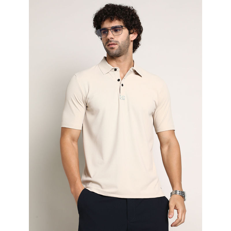 Campus Sutra Men Saltbox Beige Seamless Ribbed Polo T-Shirt (S)
