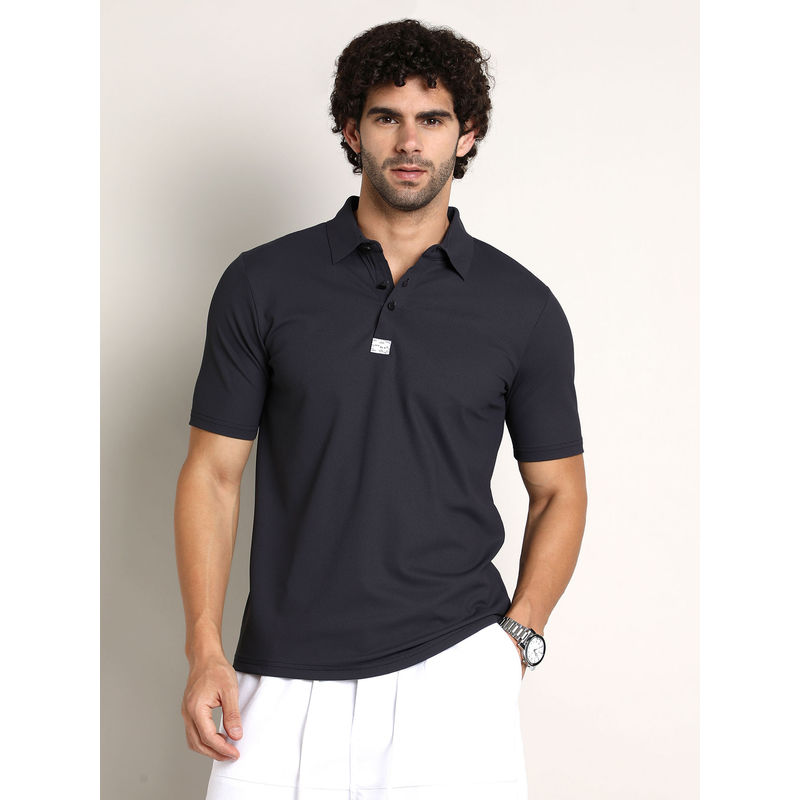 Campus Sutra Men Midnight Black Seamless Ribbed Polo T-Shirt (S)